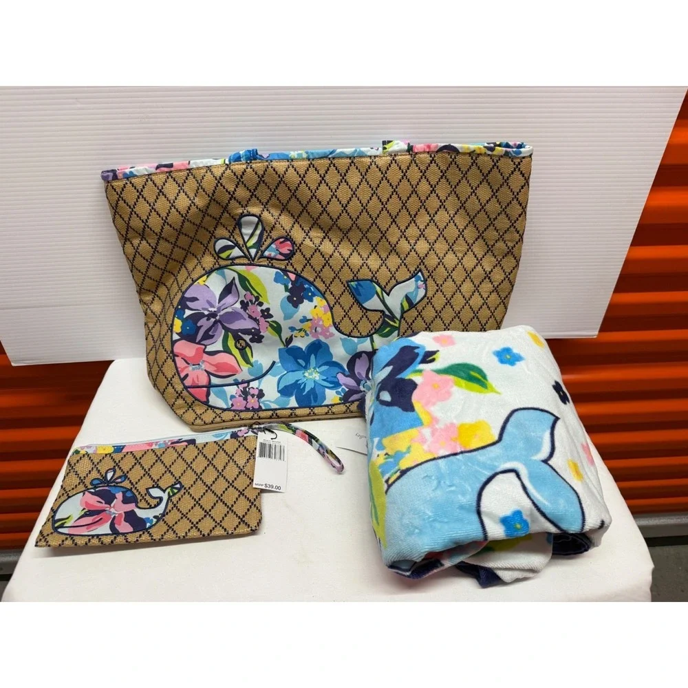VERA BRADLEY‎ MARION WHALE TOTE, BEACH TOWEL & wristlet BEACH BAG SET NWTS!